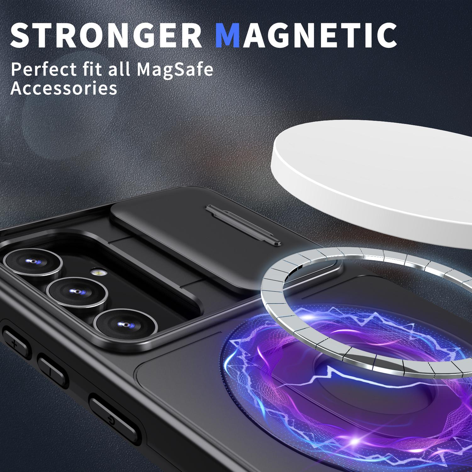 

For Samsung Galaxy S23 FE Magnetic Phone Case PC+TPU Cover with Slide Lens Window Black