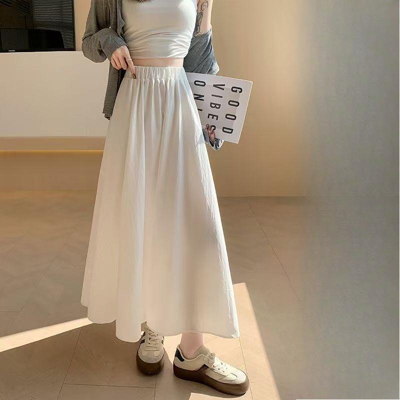 Women's Summer French Style White Half Skirt High-Waisted Elegant Drapey Pleated Skirt Mid-Length A-Line Long Skirt