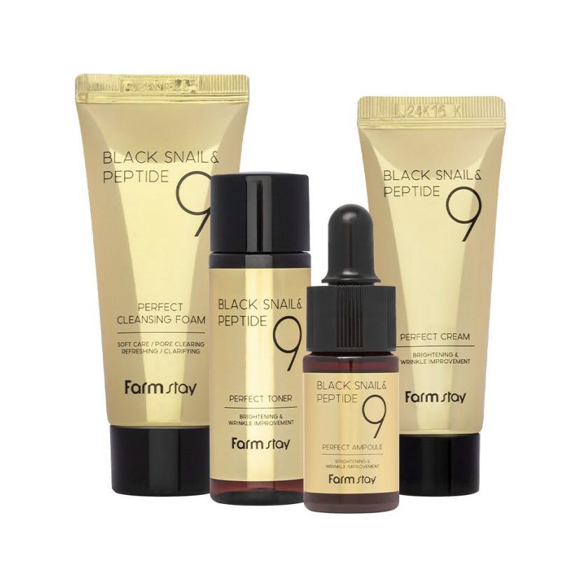 FARM STAY Black Snail & Peptide9 Perfektes 4-Schritte Mini-Kit Edition (Toner+Ampulle+Creme+Reiniger)