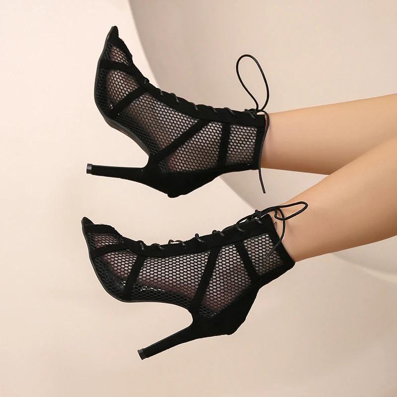 Damen Sommer Mesh Mode Kreuz Schnürsandalen sexy Fischmaul High Heels lässige Party bequeme Damenschuhe Größe 36-43