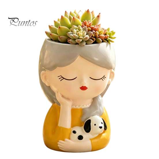 Decorative Resin Desktop Accessory Cute Head Planter, Succulent Little Girl Flower Pot, Human Plant Pot for Office Face Cactus Plants Container,