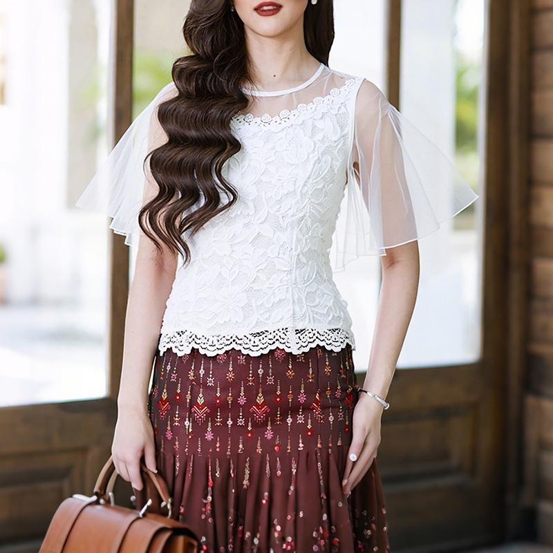 

ZANZEA Женская повседневная блузка с круглым вырезом, рукавами с оборками и кружевной вставкой S