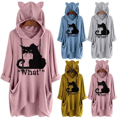 Women Casual Print Cat Ear Hooded Long Sleeves Pocket Top Blouse Shirt