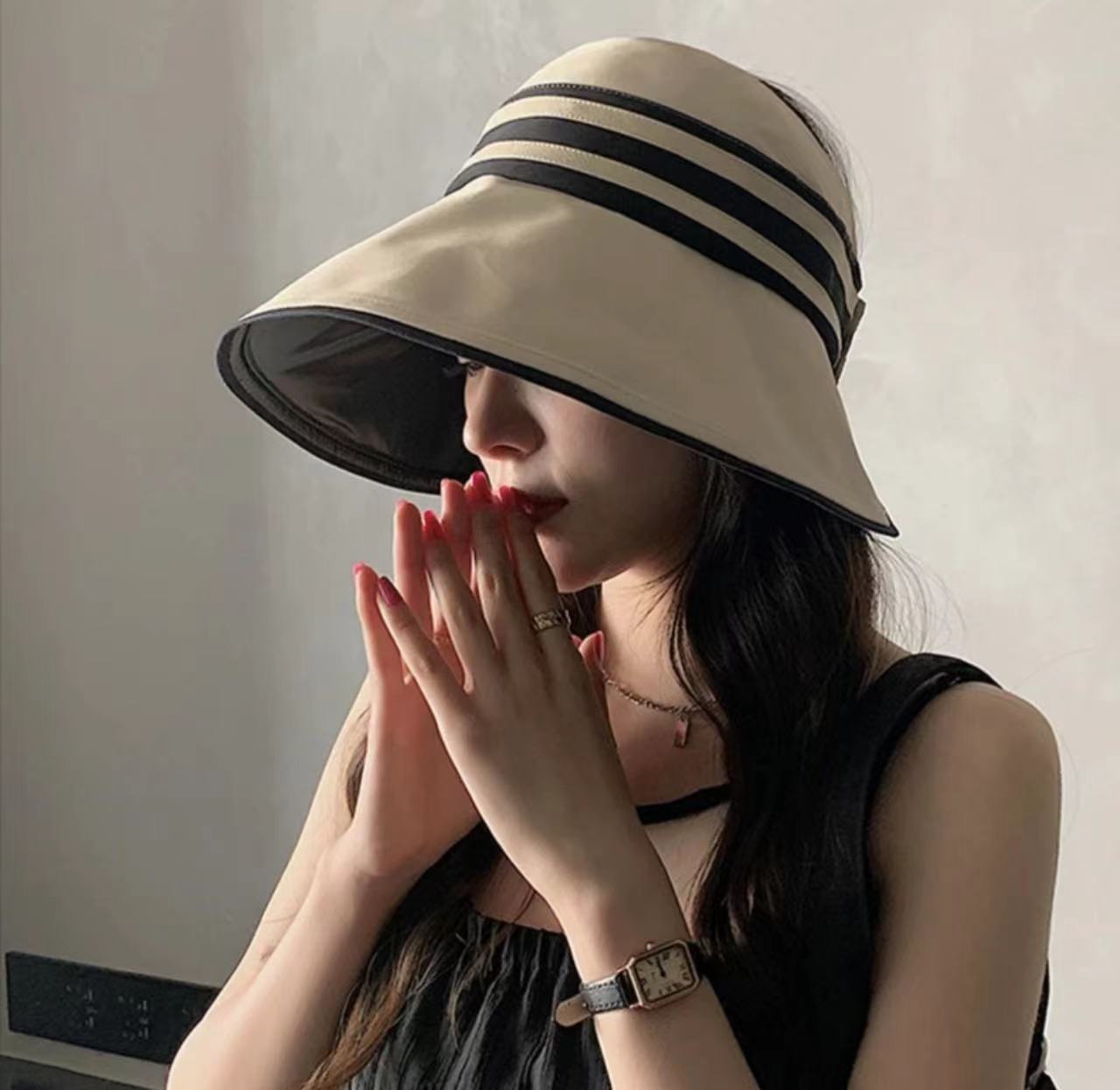 

Spring and summer big brim shading empty top striped hat big brim outdoor face covering summer versatile hat breathable adult бежевий