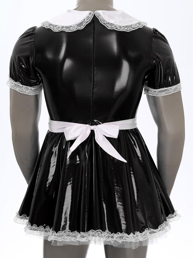 Mens Patent Leather Maid Apron Dress Doll Collar Puff Sleeve Ruffle Lace Crossdresser Costume