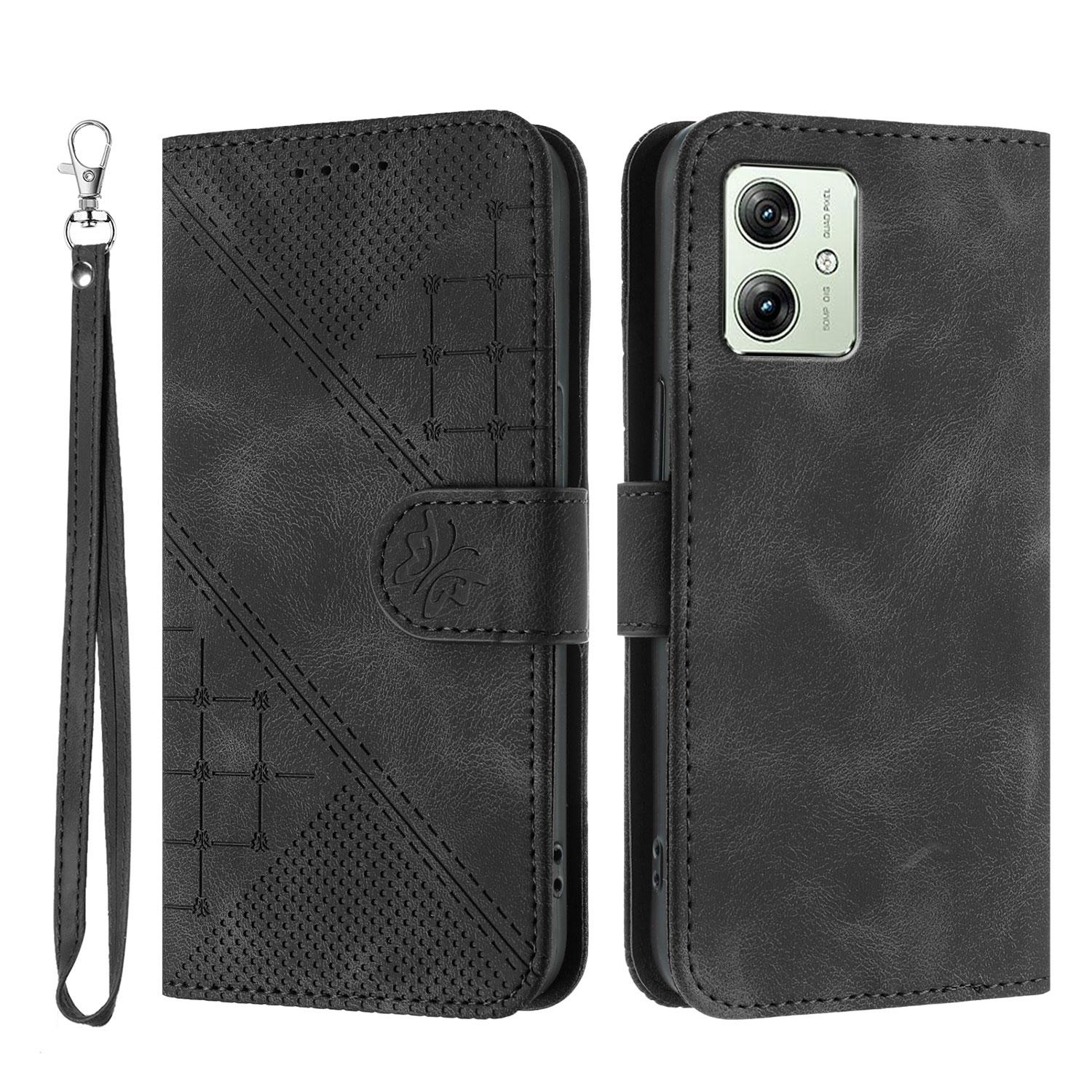 

For Motorola Moto G54 Power 5G Leather Wallet Case Butterfly Flower Imprinted Phone Cover with Strap Black