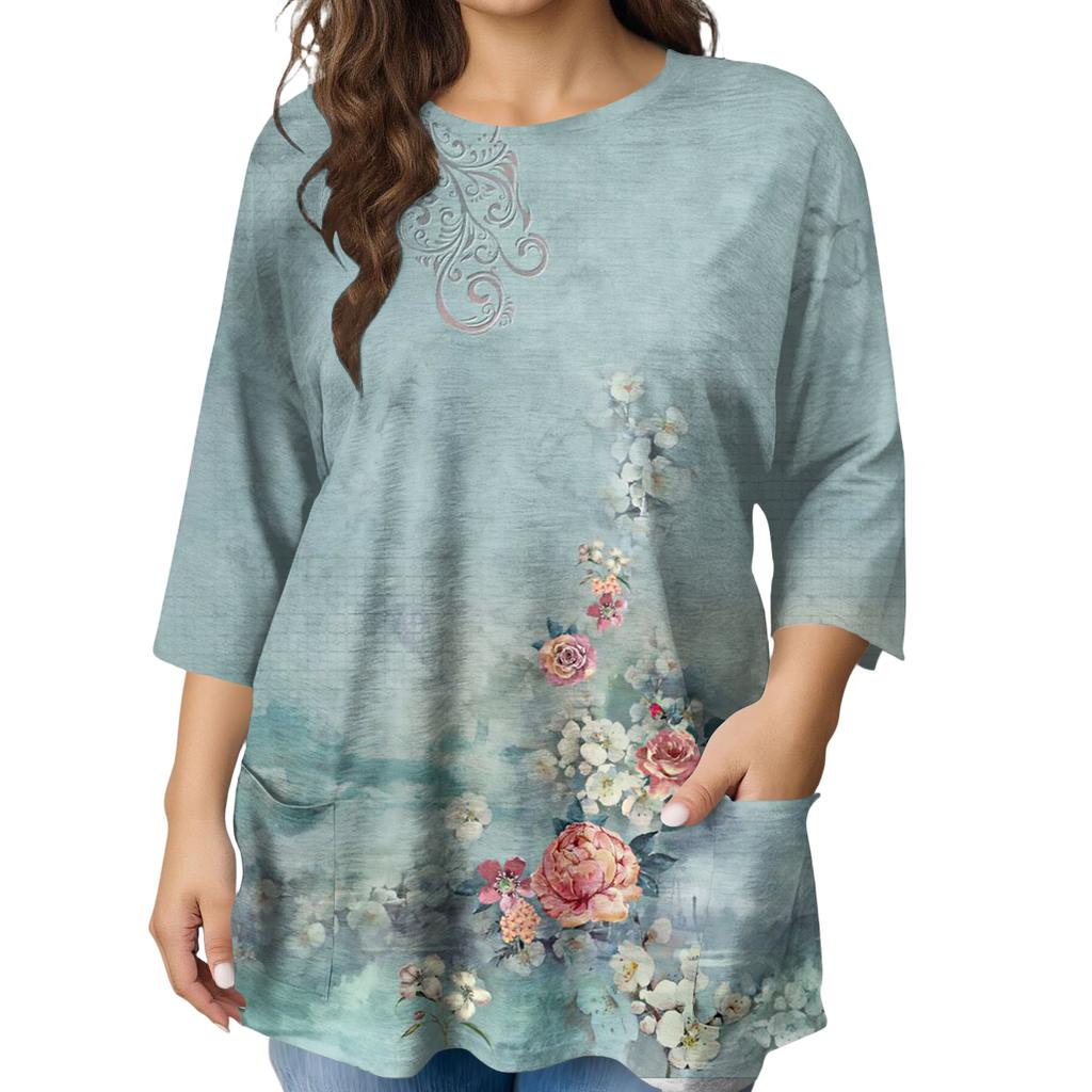 Modeblus för damer, större storlekar, med tryck, kortärmad, för elegant pendling och fritid