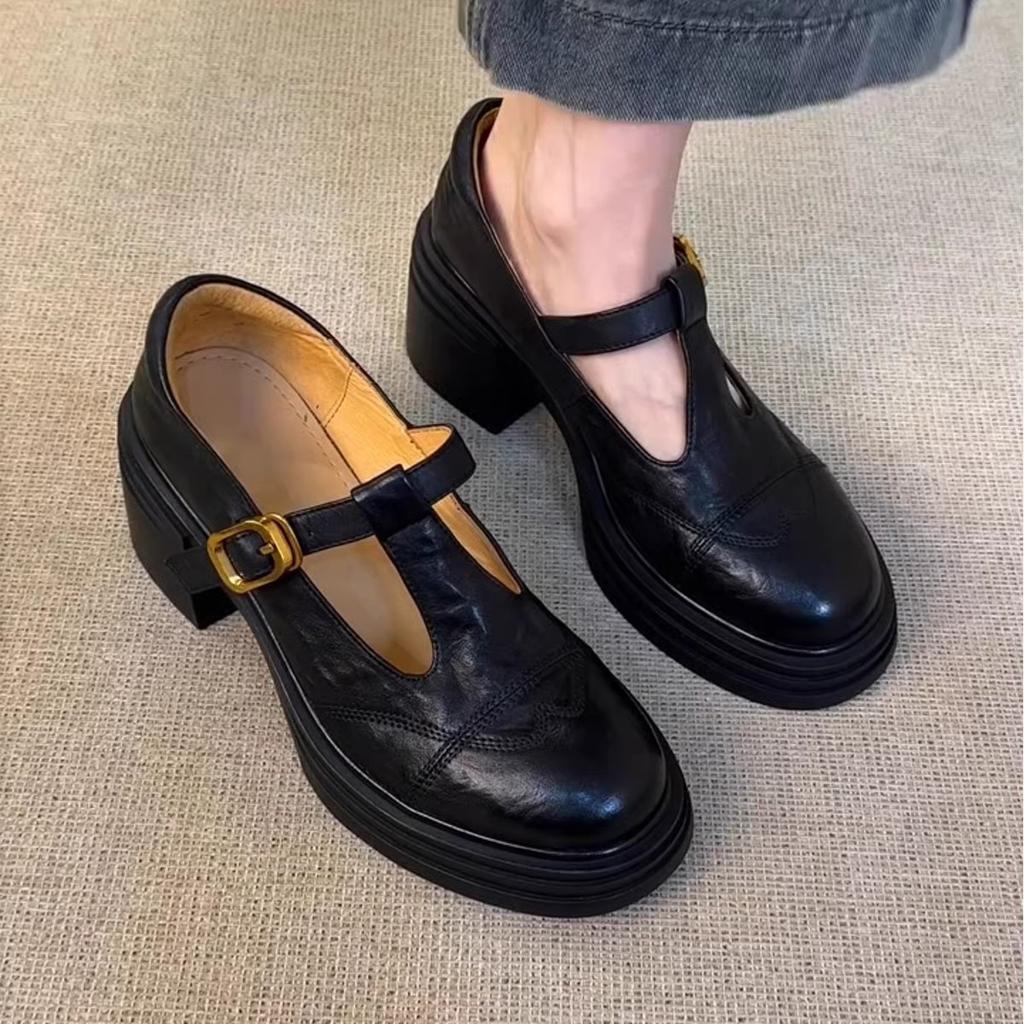 Sheepskin version~ platform thick heel retro small leather shoes women's genuine leather loafers round head single shoes Mary Jane shoes