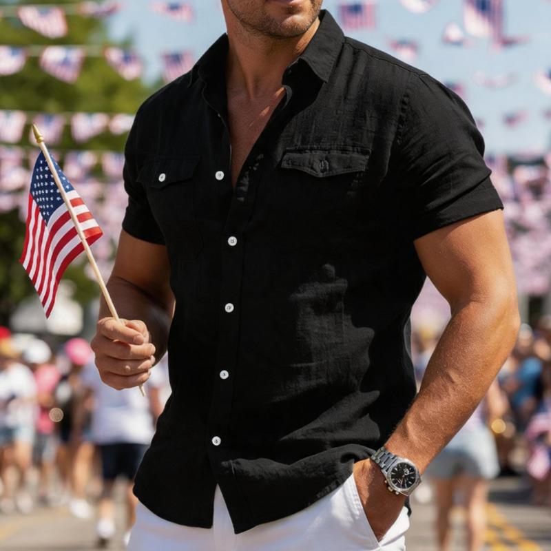 Men Linen Blend Short Sleeve Button Down Shirt With Two Chest Pockets Casual Summer Blouse