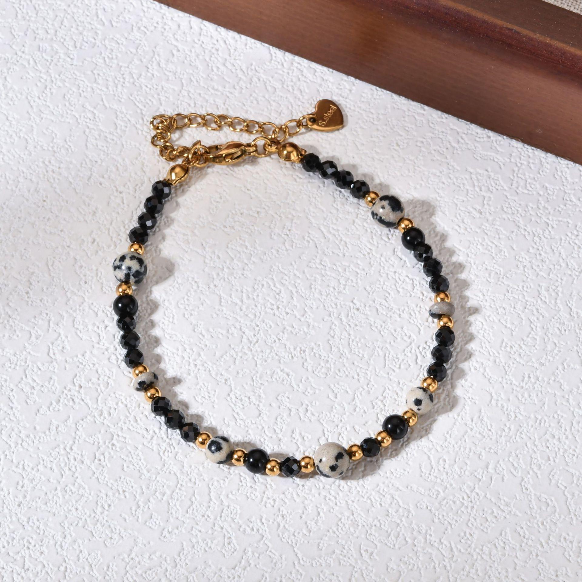 Elegant Retro Spotted Stone & Glass Bead Necklace Bracelet Set for Women