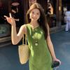 Elegant French Green Sleeveless Summer Dress: Mori Girl Style with Waist-Cinching Bell-Shaped Skirt