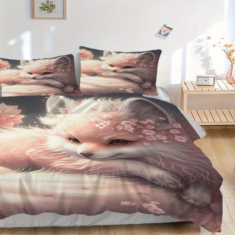 3pcs Fox, Blossom Bedding Set Down Comforter Cover and Pillowcases, Suitable for Guest Room Home Decoration All Seasons(No Insert) S0819071