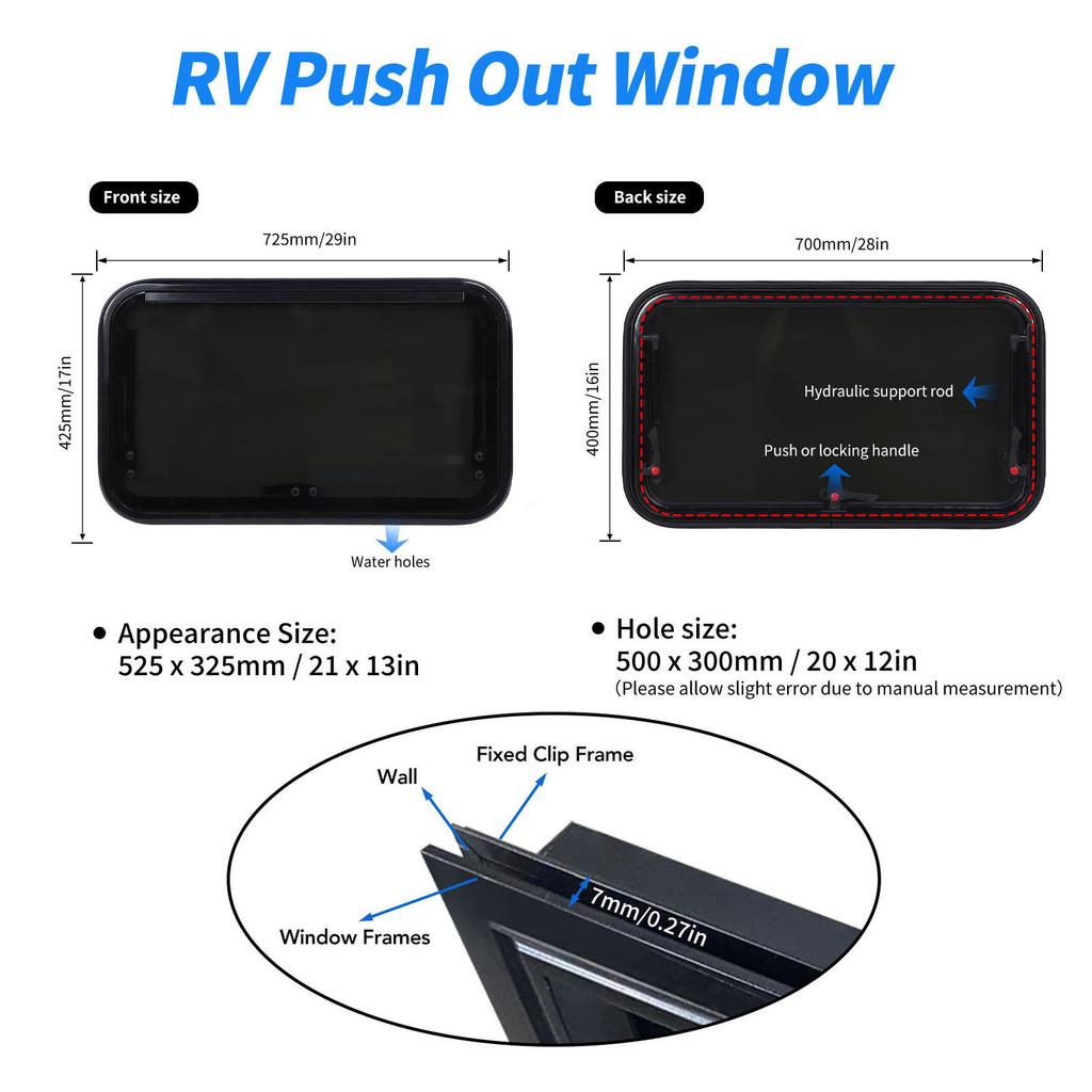 28 X 16 Inch RV Window Aluminum Alloy Frame Tempered Glass Sun Blocking with Hydraulic Support Rod for Trailer Motorhome
