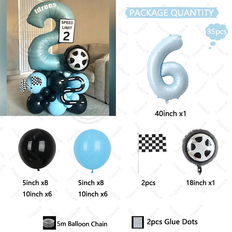 35pcs Tire Balloon Hand Cranked Flag Blue Numbers 1-9 Birthday Balloon Set Racing Themed Party Decoration Kids' Birthday Gift