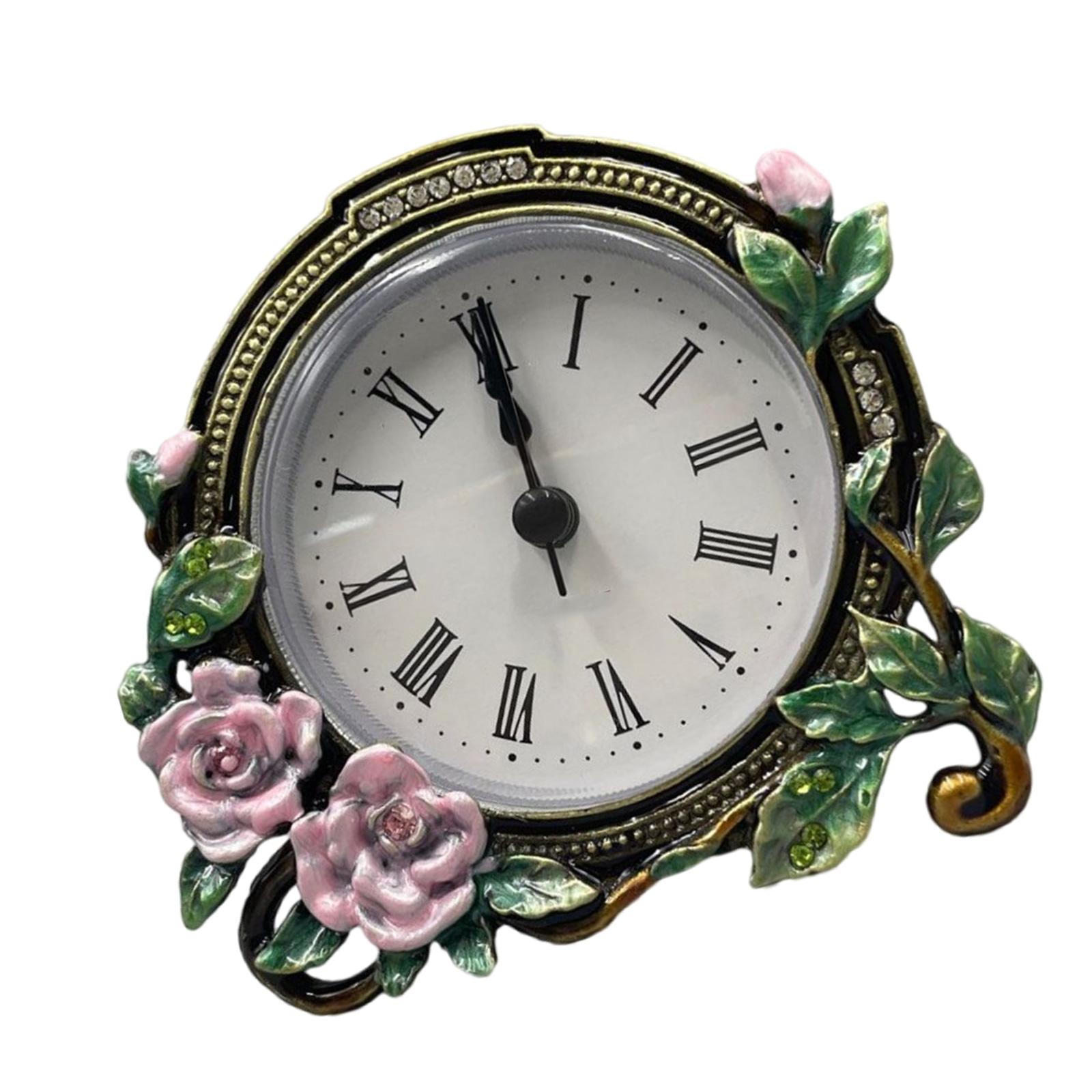 

Classical Mini Analog Desk Clock Quiet Movement Metal Frame Enamel Floral Battery Operated Clock Bedroom Ofice Display