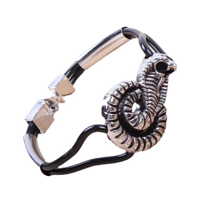 JMXD Vintage Alloy Cobra Bracelet Peace Sign PU Leather Strap Retro Mens Fashion Gear Wristband Statement Jewelry