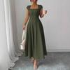 Rochie lungă elegantă de damă cu mânecă scurtă și decolteu pătrat