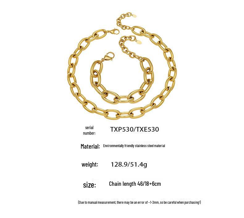 18K Gold-Plated Hip Hop Chain Necklace & Bracelet Set - European & American Style, Stainless Steel, Simple Luxury