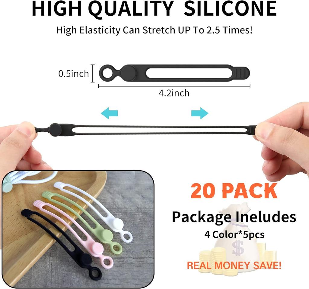 Silikoninė kabelių jungtis, Kabelių organizatorius, Kabelių dirželiai, Daugkartinio naudojimo laido jungtis, Kelioninis kabelių organizatorius, Miela elastinė jungtis, Vielinė jungtis