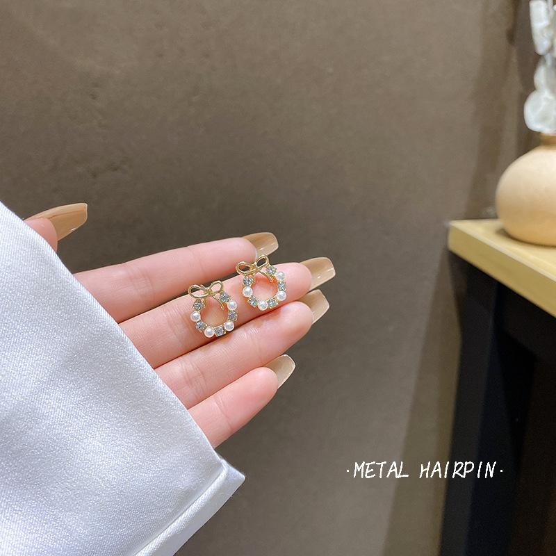 925 Silver Needle Small Simple Bow Pearl Earrings Female Super Fairy Geometric Circle Earrings Small Fragrant Ears