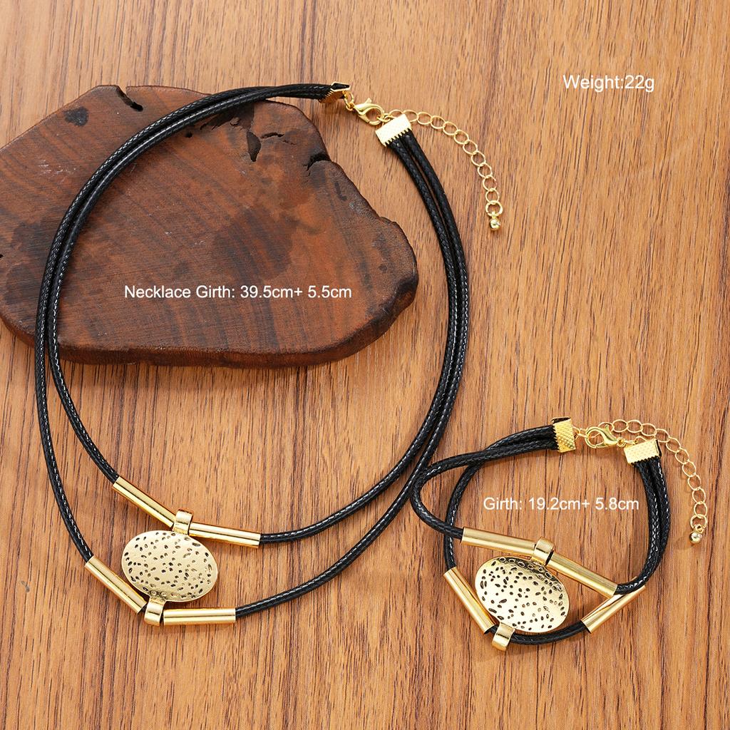 Vintage Oval Metall Kunstleder Halskette Armband Für Frauen Mode Gold Zinklegierung Farbe 2Stk/Set Doppellagige Kette Zirkon Sets