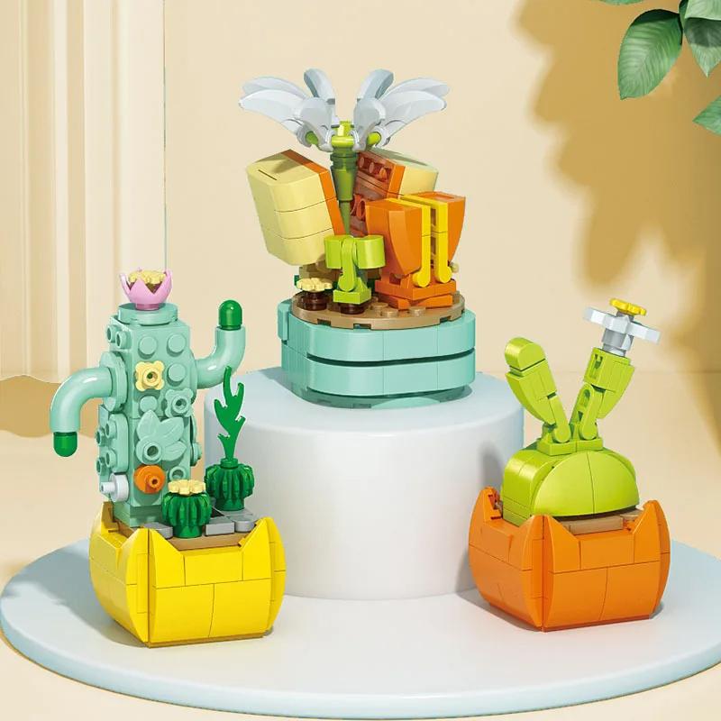 New Flowers Succulents Building Blocks Everlasting Bonsai Tree Gardens Romantic Girls Bricks Potted Plants Hot Model Kids Toys