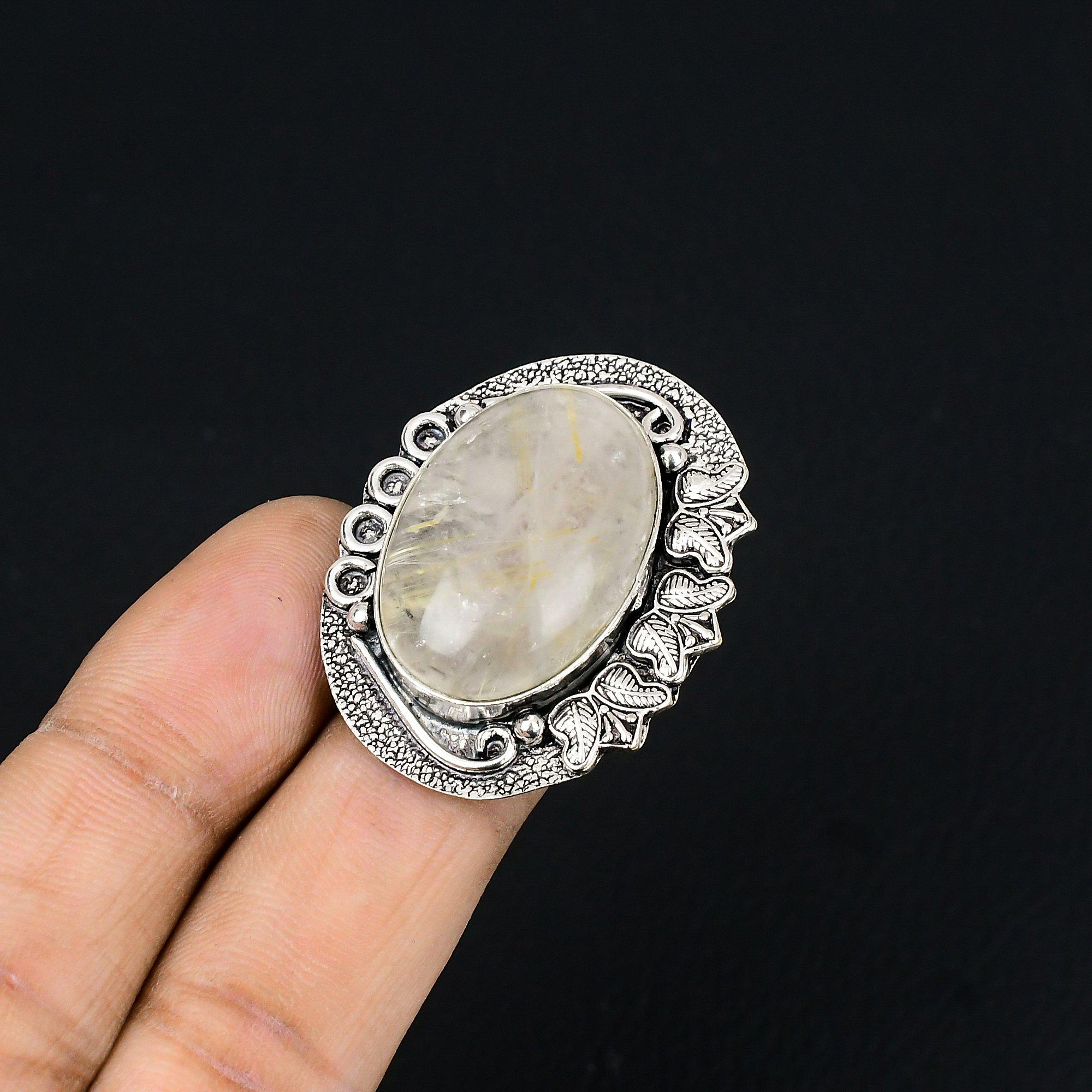 Oval Golden Rutile Stone 925 Sterling Silver Wedding Stackable Ring Jewelry US 6 6