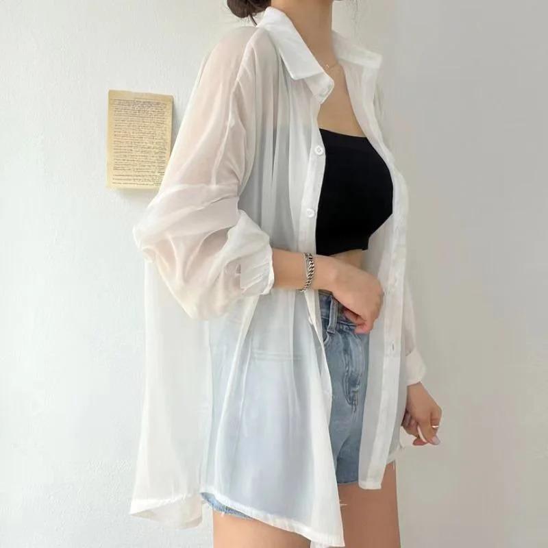 Colors Shirts Women Sheer Thin Chic Summer Simple Solid Sun-proof Temper Fashion Baggy All-match Basic Korean Style Clothes