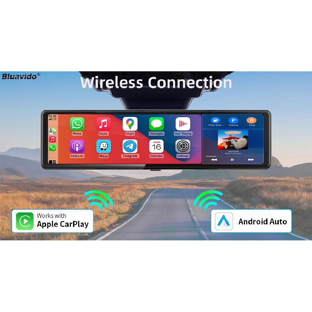 4K UHD 11.26 Inch 3 Channel Dash Cam GPS with Wireless Apple Carplay & Android Auto Voice Control Backup Camera IR Night Vision