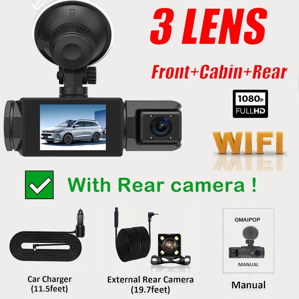 1080P WIFI Camera for Cars, 3/2Channel Dash Cam Front Inside and Rear Car DVR with IR Night Vision Loop Recording Wide Angle Cam