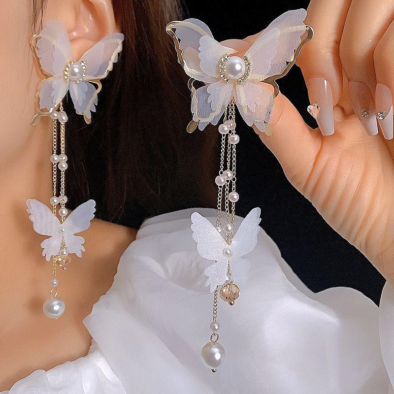 New Elegant Fairy Chiffon Buterfly Tassel Earrings For Women Fashion Imitation Pearl Dangle Drop Earrings Party Wedding Jewelry Gifts