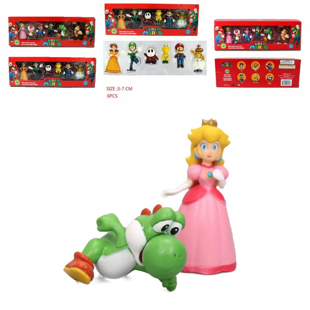 Set di 6 Action Figure Giocattolo di Super Mario Bros con Luigi, Yoshi e Funghi Collezionabili per Bambini