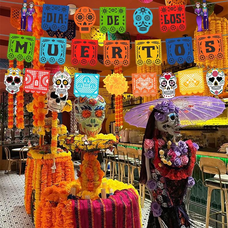 Mexican Day Of The Dead Party Decoration Pull Flag Banner Skull Head Banner Flag Cake Topper Halloween Wall Decoration