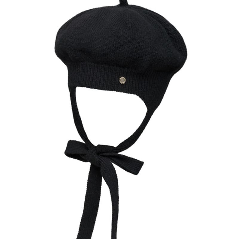 Brown Hat Tricot Ribbon Beret - Black