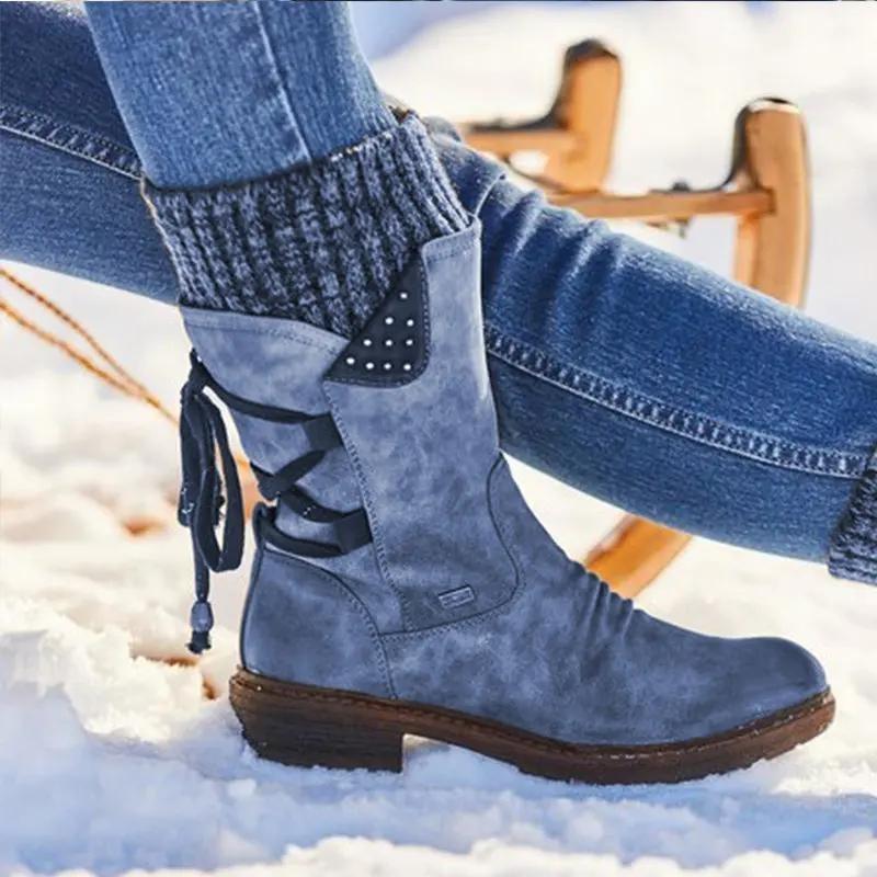 Women's Boots Winter 2025 Side Zipper Snow Boots Lace Up Women Shoes Size 43 Knitting Retro Ankle Boots Botas De Mujer