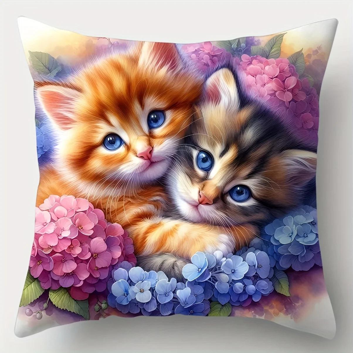 

Cute Cat Pattern Pillow Cover Cartoon Decorative Style Cushion Covers Spandex Machine Washable for Bedroom Living Room Sofa 18x18Inch