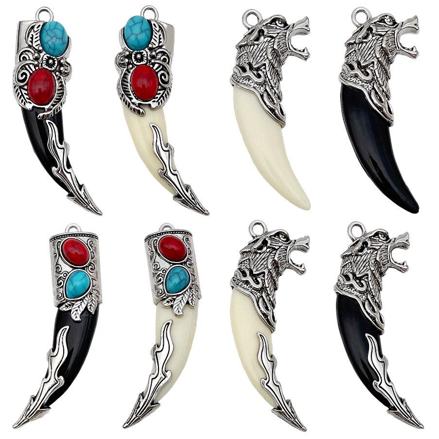 Retro Ethnic Wolf Tooth Pendant Earrings & Necklace with Tibetan Silver Resin Inlay