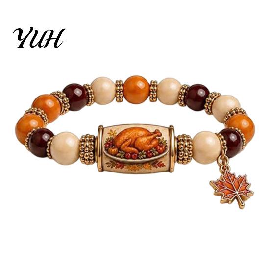 Gratitude Holiday Jewelry Thanksgiving Bracelet for Women, Beaded with Elastic Fit Maple Leaf Charm, Stretch Fall Harvest