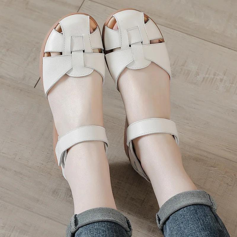 Mode Rindsleder Sommer Keilabsatz Sandalen Damen Echtes Leder Rutschfest Dicke Sohle Schuhe Mittelalterliche Ältere Mütter Weiche Sohle Schuhe