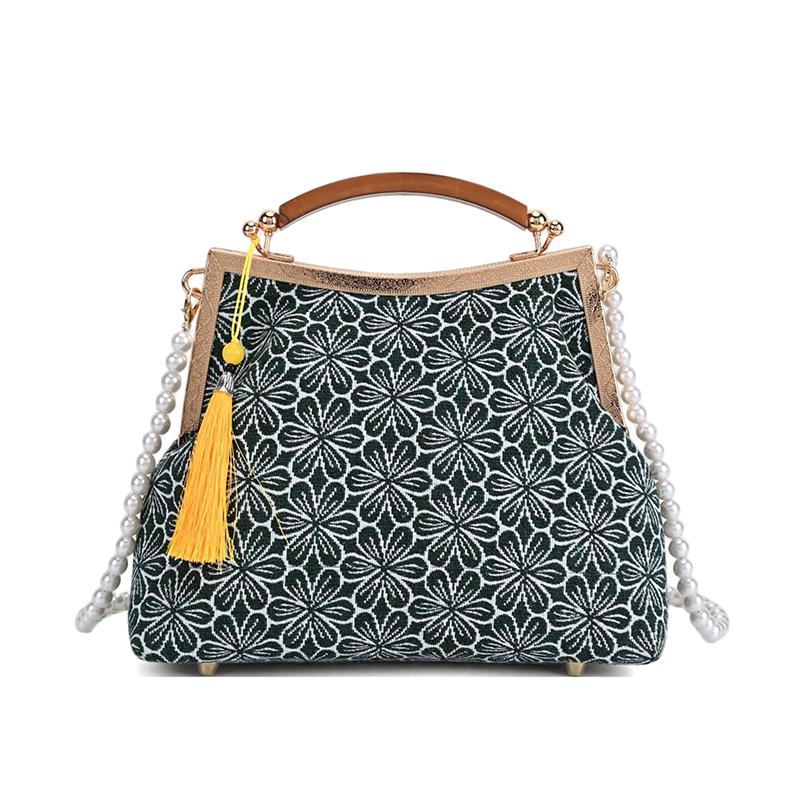 Chinese Style Embroidery Flowers Kiss-lock Handbag Hot Sale Elegant Youth Crossbody Bags Pearl Chain Vintage Qipao Clutch Purse зелёный