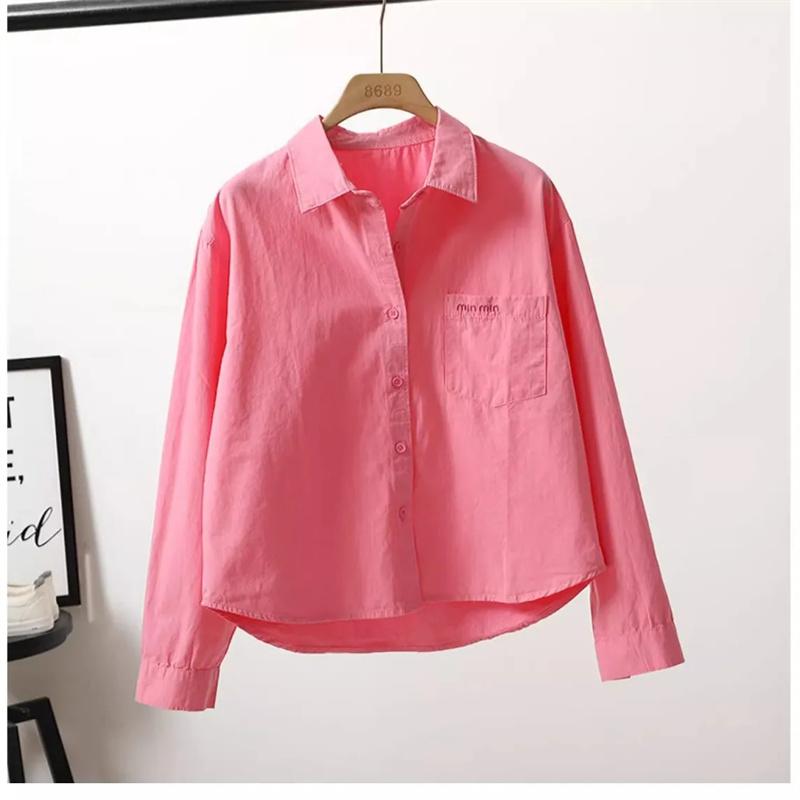 Short Cotton Shirt Women's Spring Summer Coat Fashion Letter Pocket Jacket Long Sleeve Casual Blouse Joker Ladies Tops