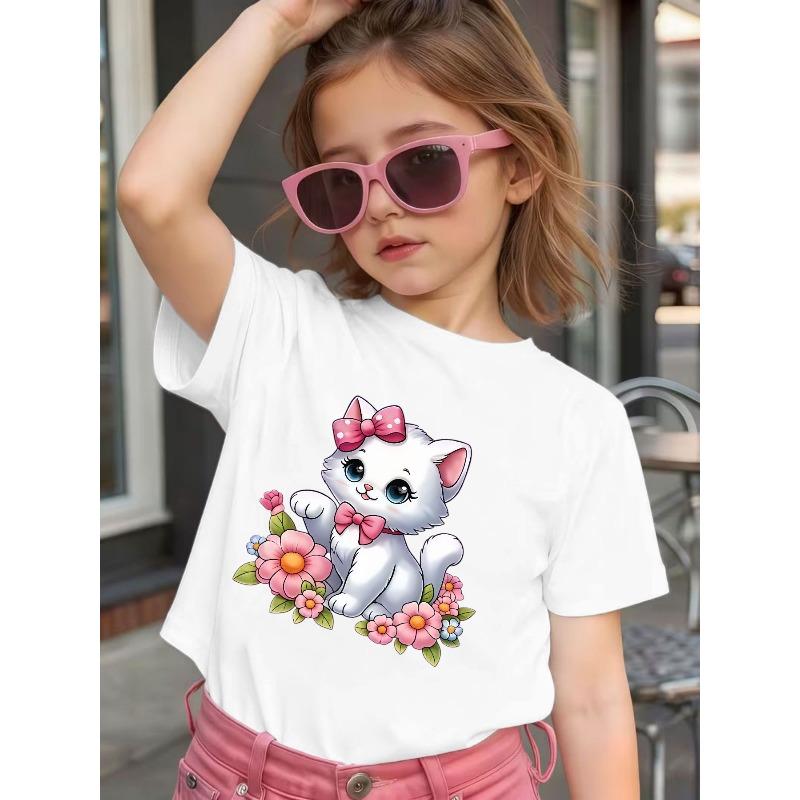 Girls Cute White Cat Bow Flower Print Crewneck Short Sleeve Tee, Black Base Sweet Playful Kids Top 110