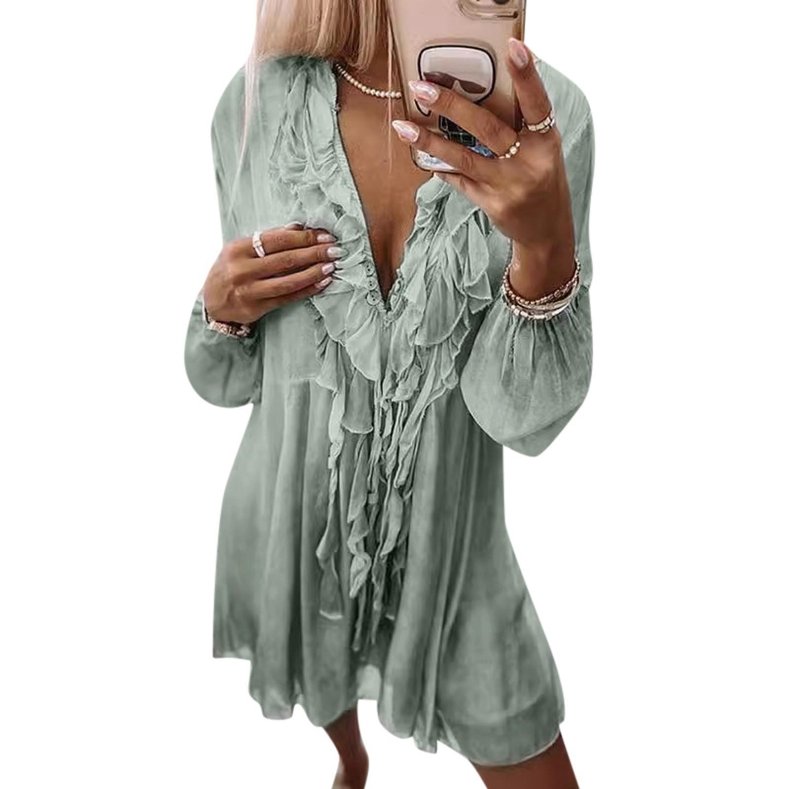 

Летнее пляжное платье в стиле рюш с кисточками и завязками на талии розовое платье для женщин элегантное сексуальное платье свободного кроя с V-образным вырезом праздничное платье из шифона XXL зелёный