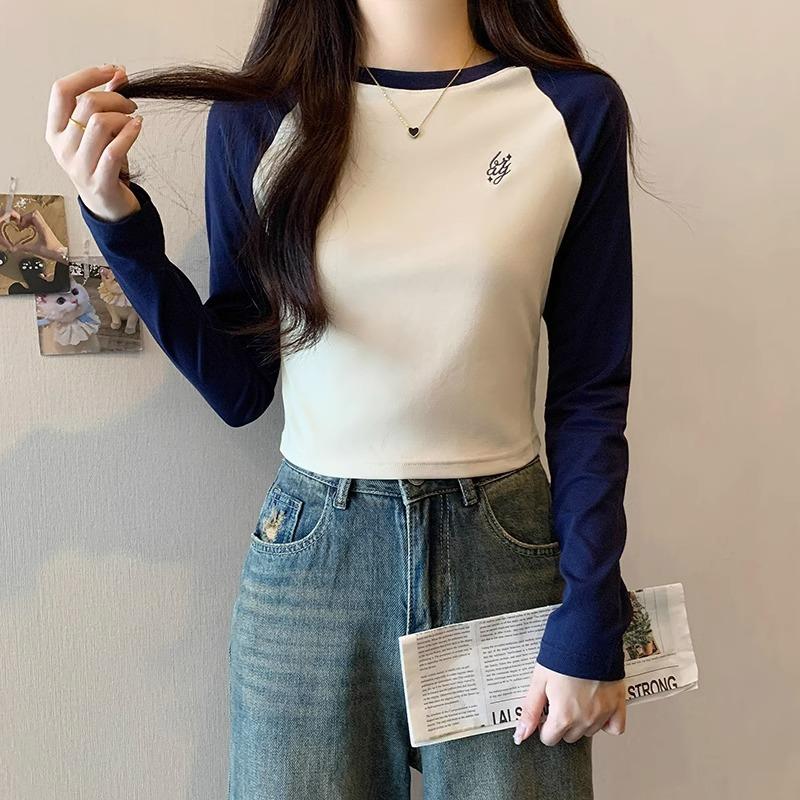 Color Matching Inner Style Slim-fitting Long-sleeved T-shirt for Women Early Spring New Style Right Shoulder Round Neck Design Top Base
