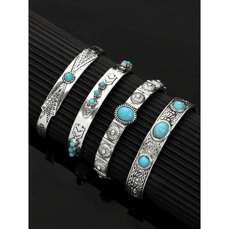 4pcs Fashion Vintage Bohemian Western Style Turquoise Inlaid Bracelets, Women's Fashion Gift Jewelry