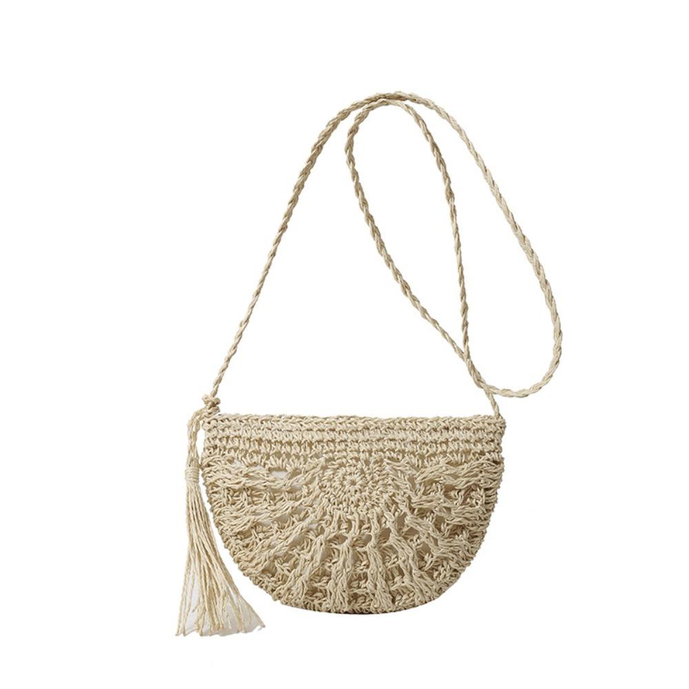 Half-round Straw Weave Bag Handmade Women's Crossbody Bag Trendy Woven Shoulder Bag  Beach