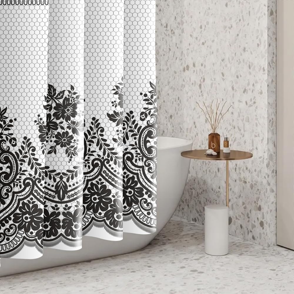 Black White Floral Shower Curtain Lace Pattern Bathroom Decor Elegant Design Vintage Style Hexagon Background Bath Accessorygift