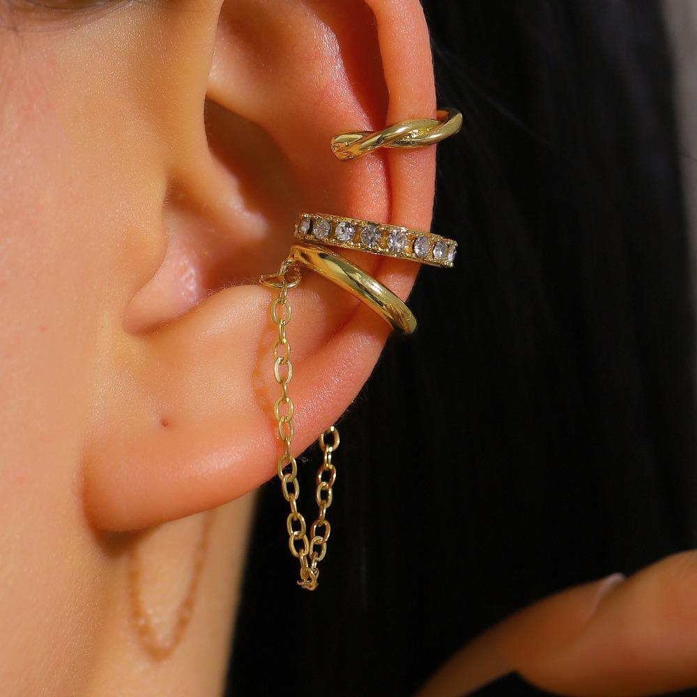 Temperament Shining Zircon Stars Tassel Chain Clip Earrings for Women Integrated Asymmetry Fake Piercing Ear Cuff Trendy Jewelry