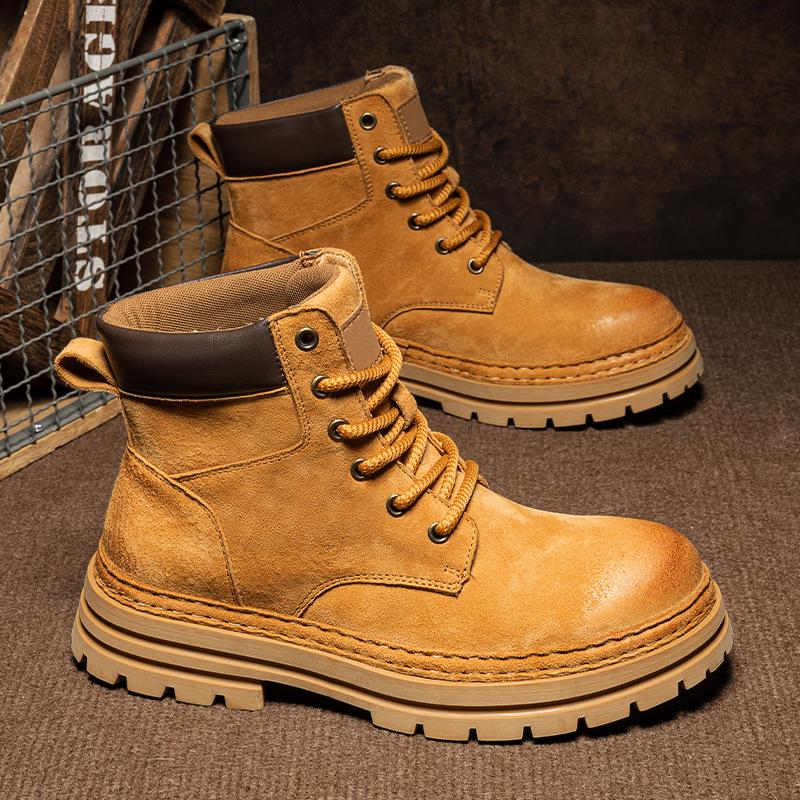 

Чоловічі осінні черевики-мартінси середньої висоти жовтого кольору - британський стиль, високі з натуральної шкіри, ретро американські робочі черевики 43