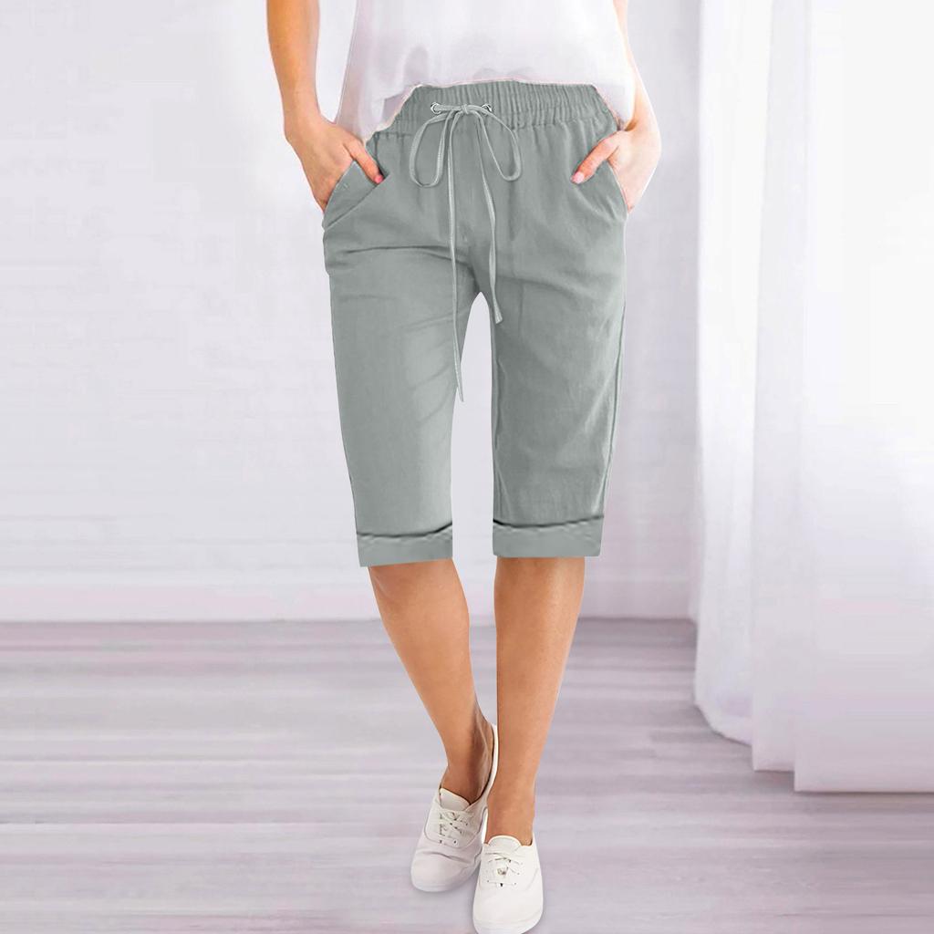 Women's Drawstring Mid Waist Capri Pants Loose Straight Leg Linen Five Point Trousers Elegant Solid Pocket Casual Home Shorts